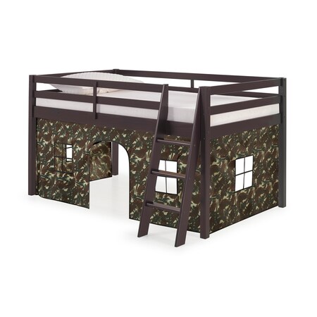 Alaterre Furniture Roxy Twin Wood Junior Loft Bed with Espresso with Green Camo Bottom Tent AJRX10P0ATCGN